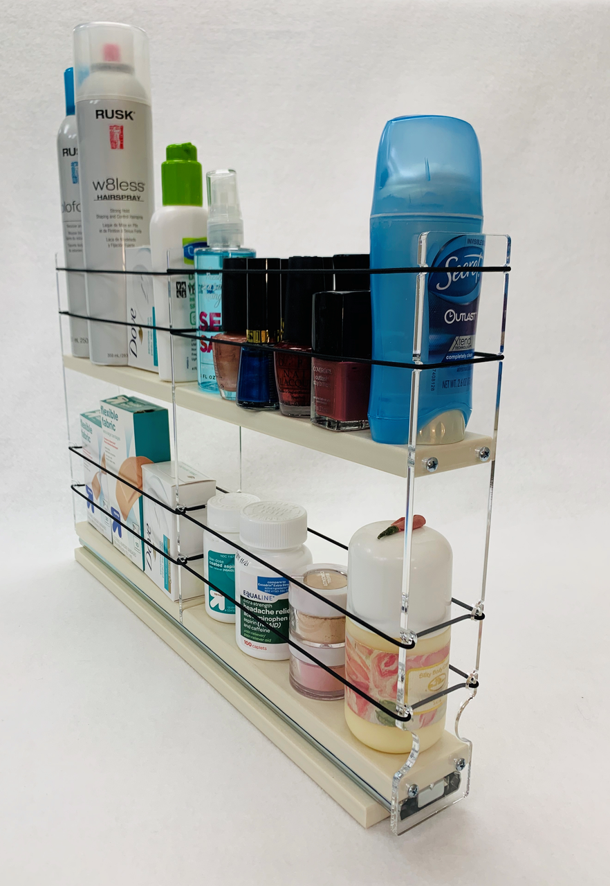 Spice Rack 2x2x18, Cream
Unit: 2.3" wide x 11.63" tall x 18" depth
Drawers: (1) 2.1" wide x 2 Sections 8.66" long