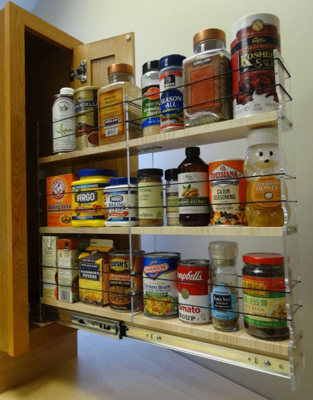 3x3x22 Spice Rack Drawer- Maple, Extended with Containers
Unit: 3.45" wide x 19.52" tall x 22.1" depth
Drawers: (1) 2 sections each 3.25" wide x 10.7" long