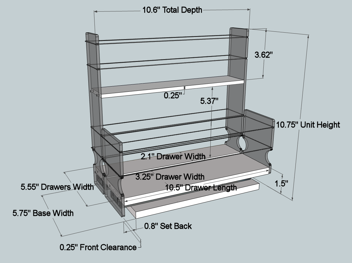 Spice Rack 23x2x11 Combo Drawers - Dimensioned
