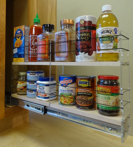 3x2x22 Spice Rack Drawer - Maple, Extended, Full of Products
Unit: 3.45" wide x 13.0" tall x 22.1" depth
Drawers: (1) 2 sections each 3.25" wide x 10.7" long