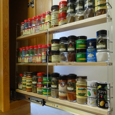 2x3x22 Spice Rack Drawer - Maple, Extended, Full of Spices
Unit: 2.3" wide x 19.52" tall x 22.1" depth
Drawers: (1) 2 sections each 2.1" wide x 10.7" long