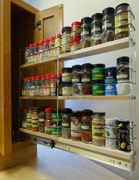 2x3x22 Spice Rack Drawer - Maple, Extended, Full of Spices
Unit: 2.3" wide x 19.52" tall x 22.1" depth
Drawers: (1) 2 sections each 2.1" wide x 10.7" long