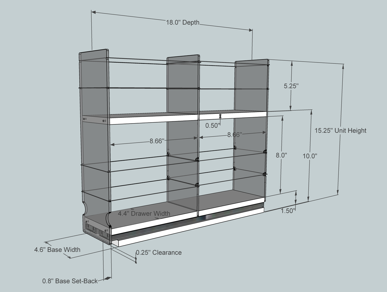 4 x 2 x 18 Storage Solution Drawer, Cream - Dimensioned