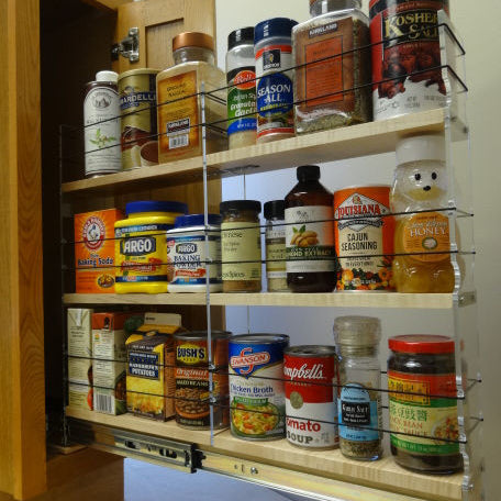 3x3x22 Spice Rack Drawer- Maple, Extended with Containers
Unit: 3.45" wide x 19.52" tall x 22.1" depth
Drawers: (1) 2 sections each 3.25" wide x 10.7" long