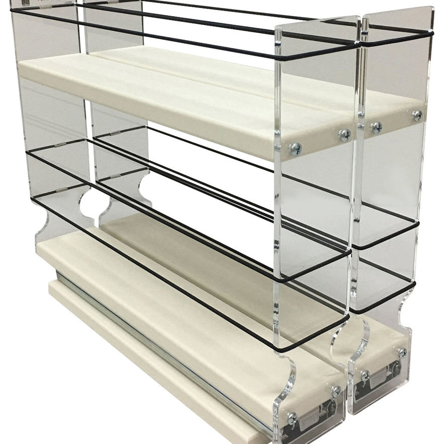 Spice Rack 22 x 1.5 x 11, Cream
Unit: 4.6" wide x 9.25" tall x 10.6" depth
Drawers: (2) 2.1" wide x 10.05" long