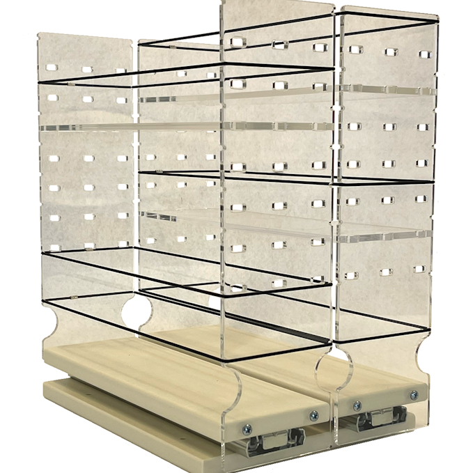 Upper tiers easily adjust for flexible cabinet storage